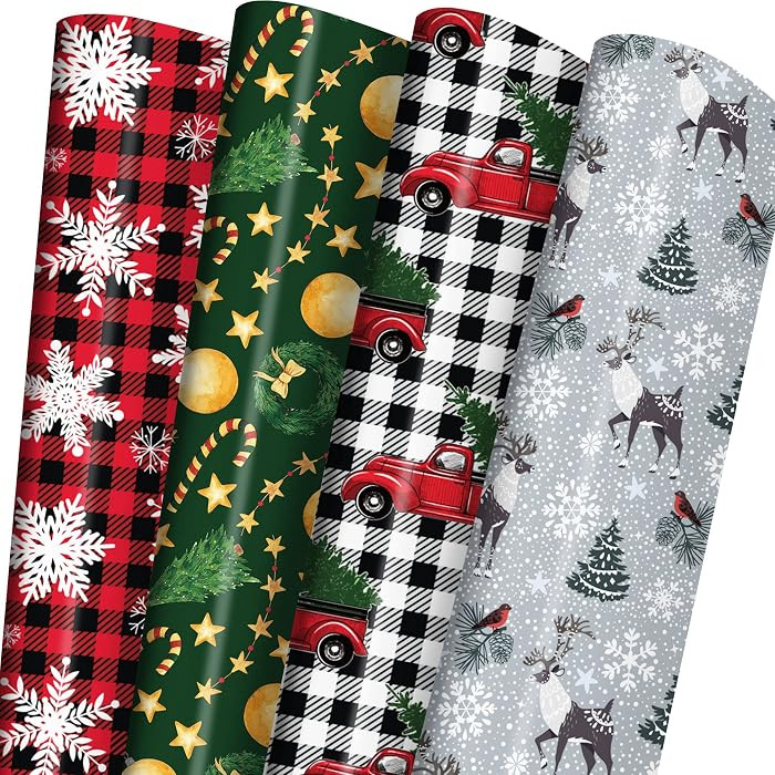 GIOLNIAY Christmas Wrapping Paper for Men Women Kids - Holiday Gift Wrap Red & Black Plaid with T... | Amazon (US)