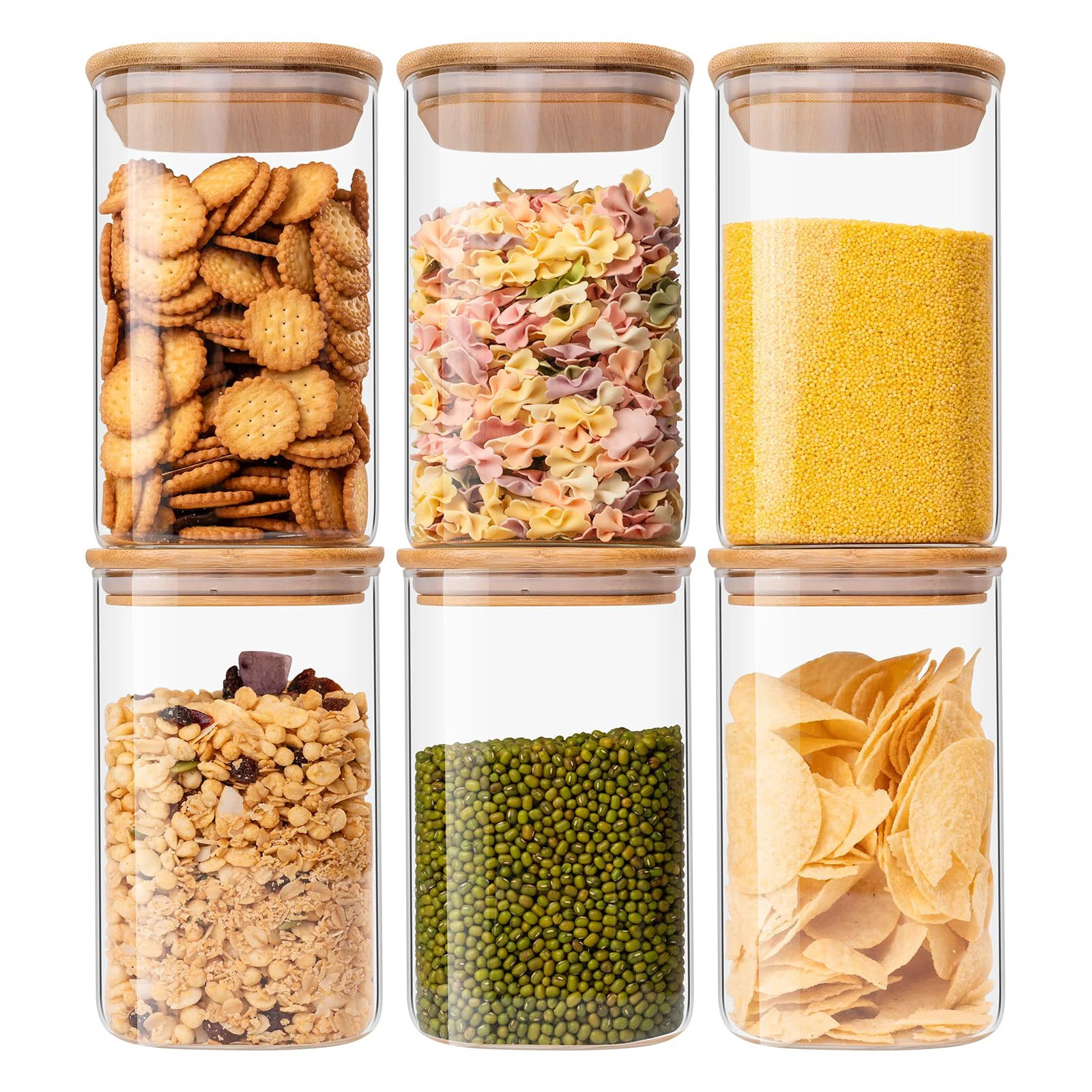 6 Pack Square Glass Kitchen Storage Jars With Airtight Bamboo Lids And 132 Pantry Labels - Glass ... | Wayfair North America