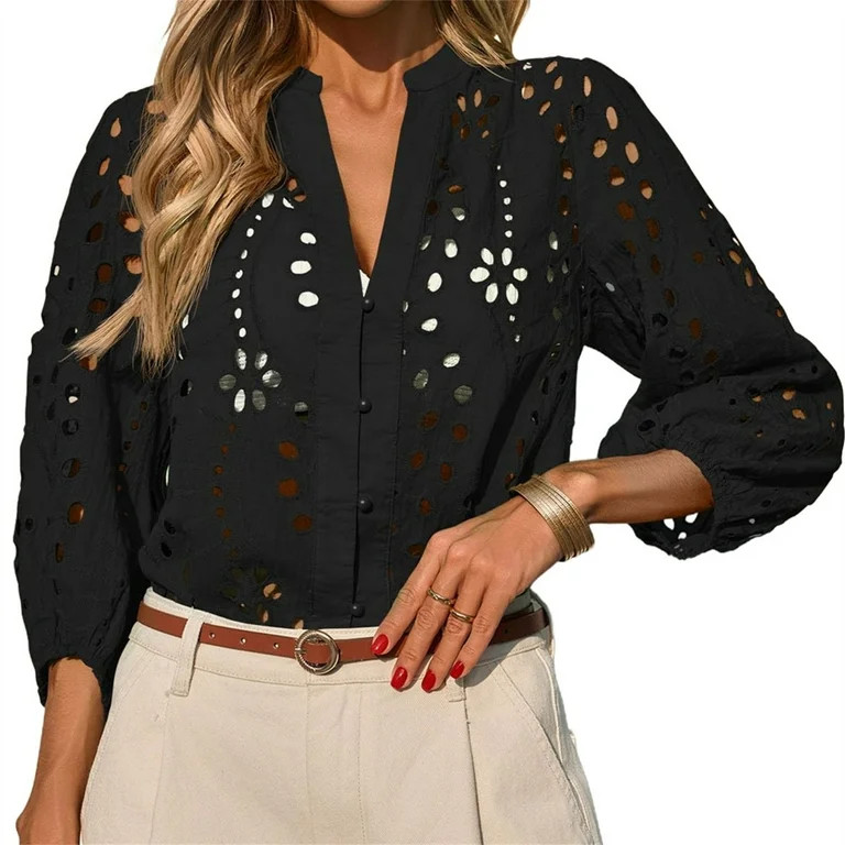 Women 3/4 Sleeve Casual V-neck Blouse Hollow-out Button Tops | Walmart (US)