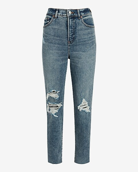 Super High Waisted Ripped Raw Hem Mom Jeans | Express