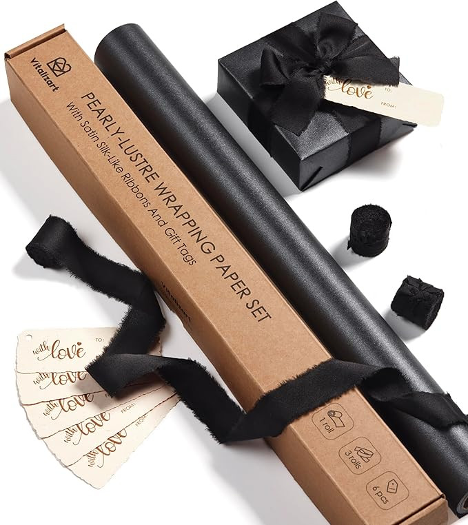 Vitalizart Black Wrapping Paper Set 17" Pearly-Lustre With Silk Like Satin Ribbon & Gift Tags Rec... | Amazon (US)