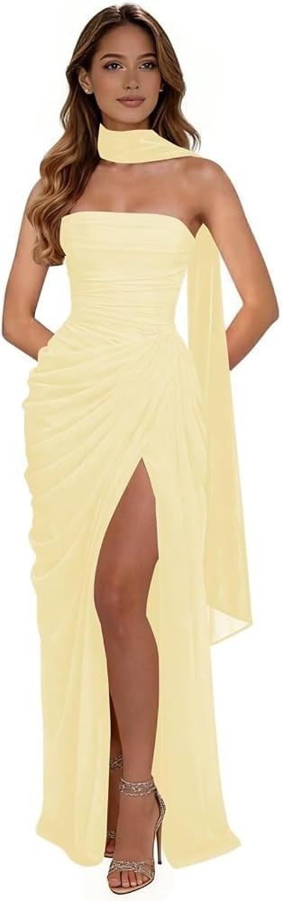 Mermaid Chiffon Strapless Bridesmaid Dresses with Slit Pleated Sleeveless Formal Party Dress with... | Amazon (US)