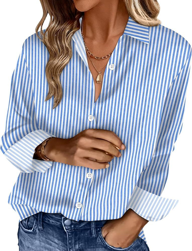 OFEEFAN Womens Button Down Shirts Long Sleeve Tops Silk Satin Blouses Business Casual Fashion Out... | Amazon (US)