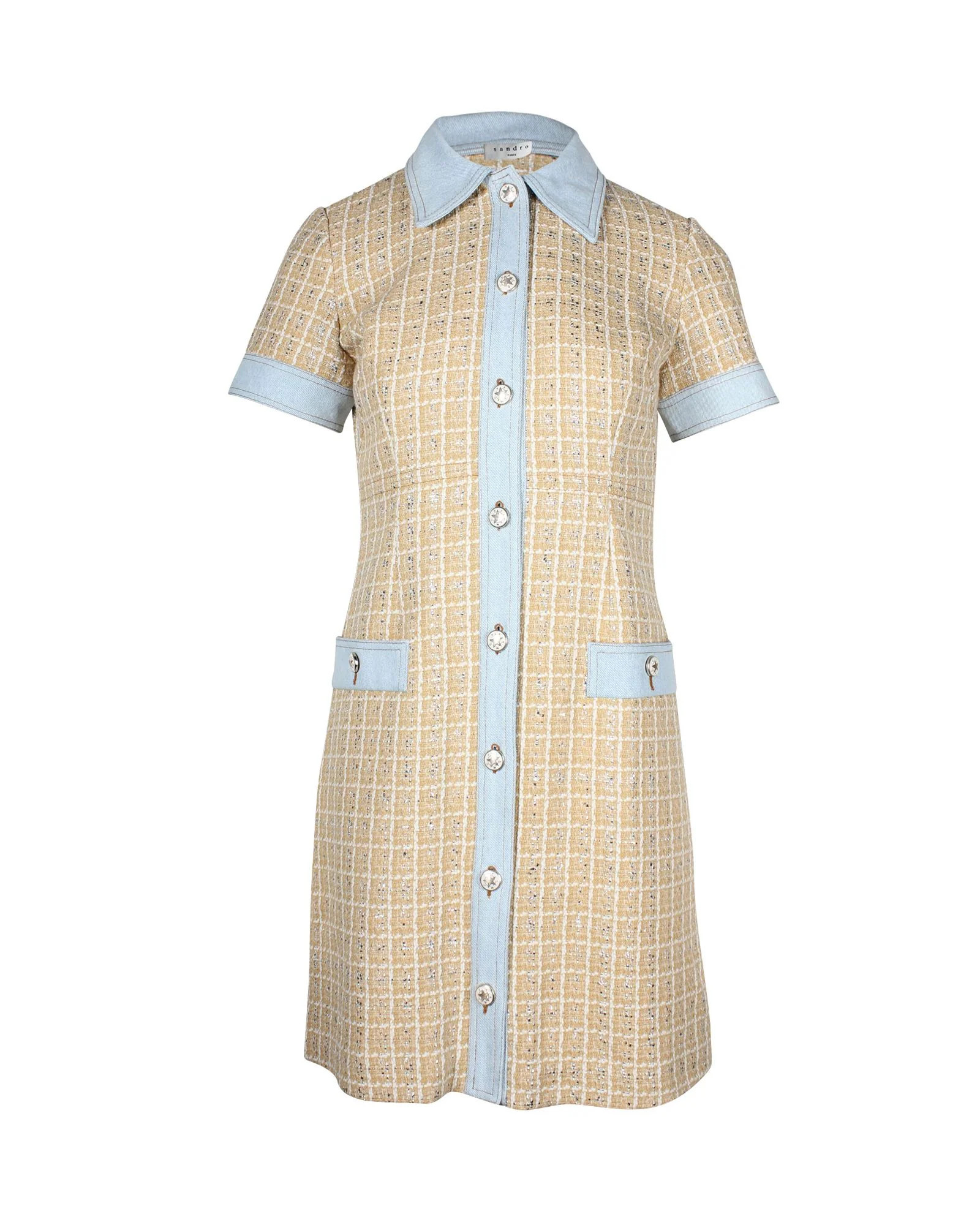 Sandro Paris Mella Denim Paneled Tweed Mini Dress in Beige Cotton | Shop Simon