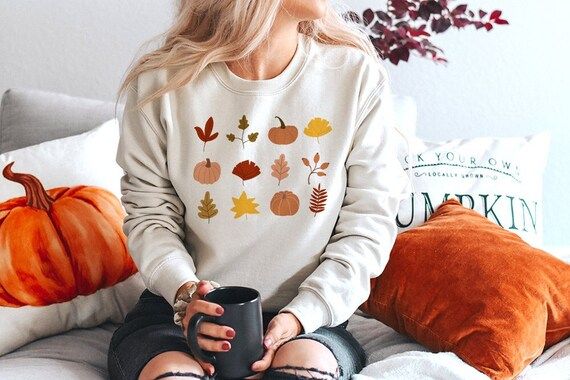 Autumn Sweatshirt For Women, Fall Leaves And Pumpkin Sweater, Cottagecore Fall Sweatshirt, Plus S... | Etsy (US)