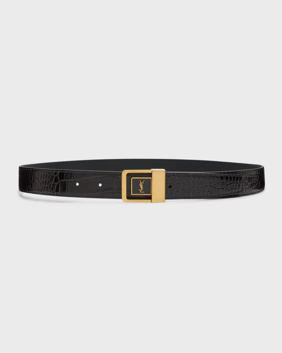 Saint Laurent Croc-Embossed Leather Square Buckle Belt | Neiman Marcus