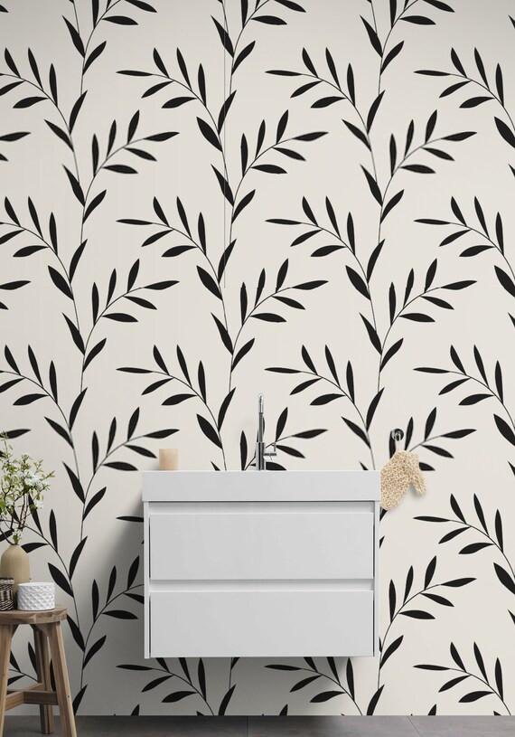 Floral Wallpaper Black Small Leaves Textured or Nonwoven | Etsy | Etsy (US)