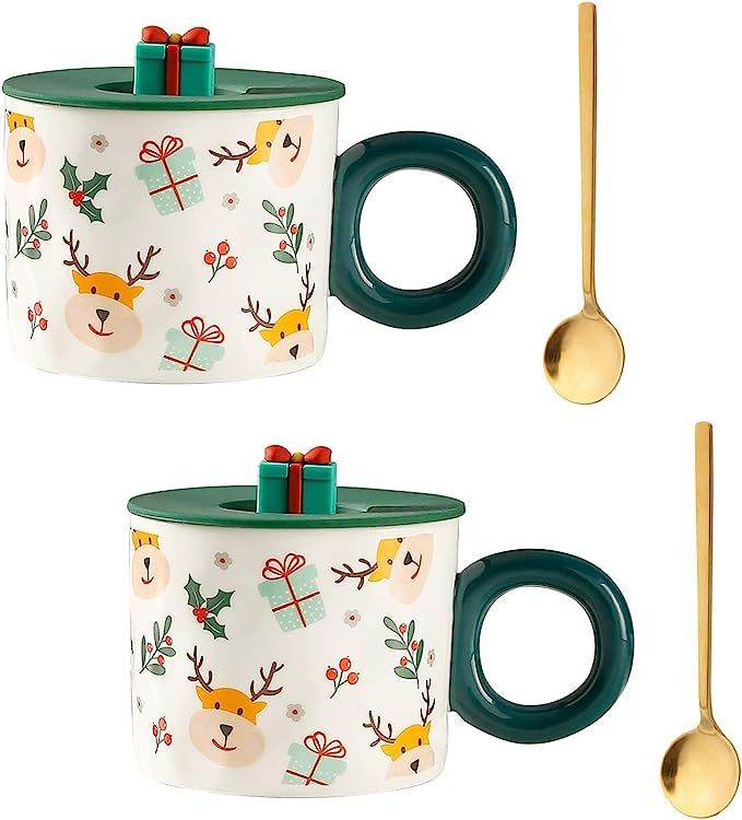 Amazon.com: MISNODE 2 Pack Christmas Coffee Mugs, Ceramic Santa Tea Cups with 3D Lid and Spoon, N... | Amazon (US)