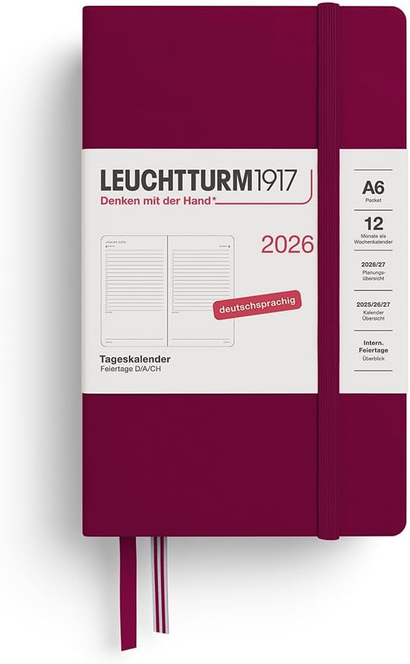 LEUCHTTURM1917 372598 Tageskalender Pocket (A6) 2026, 12 Monate, Port Red, Deutsch | Amazon (DE)