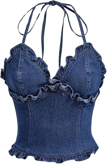 OYOANGLE Women's Lettuce Trim Spaghetti Straps Tie Backless Halter Denim Top Slim Fitted Jean Cam... | Amazon (US)