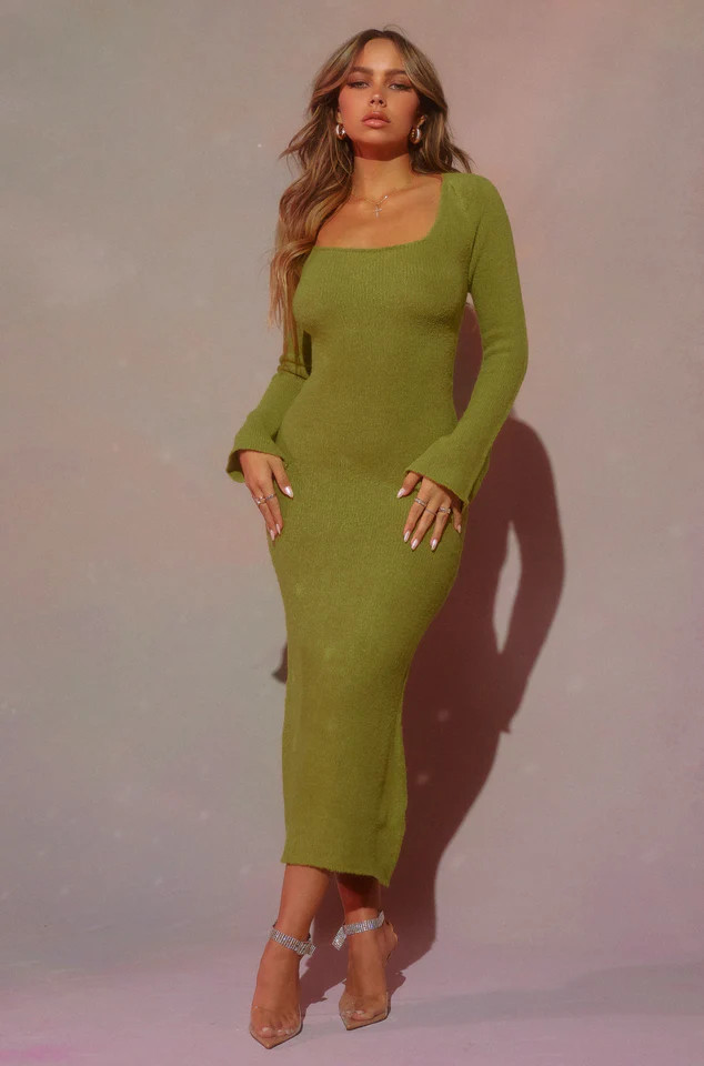 Miss Lola | Green Long Sleeve Open Back Maxi Dress | MISS LOLA