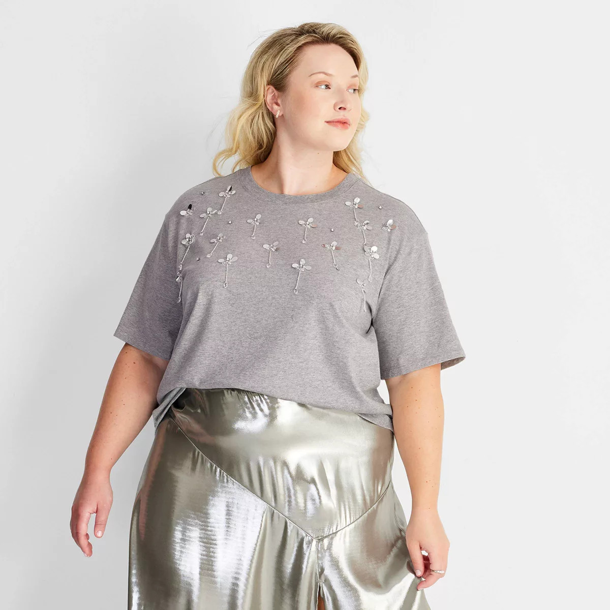 Women's Short Sleeve Embellished T-Shirt - Future Collective Heather Gray | Target