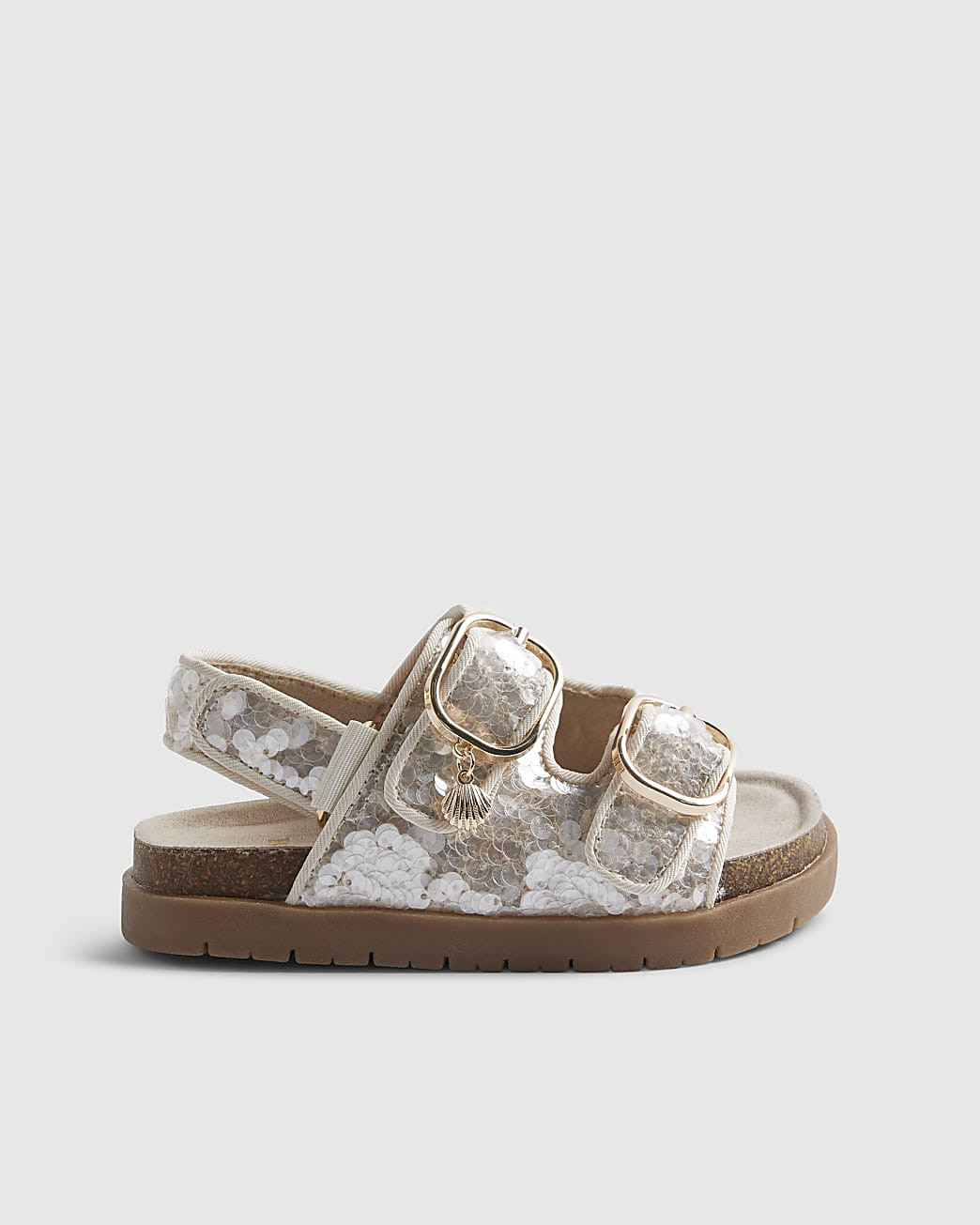 Mini Girls Brown Sequin Charm Footbed Sandals | River Island UK & IE