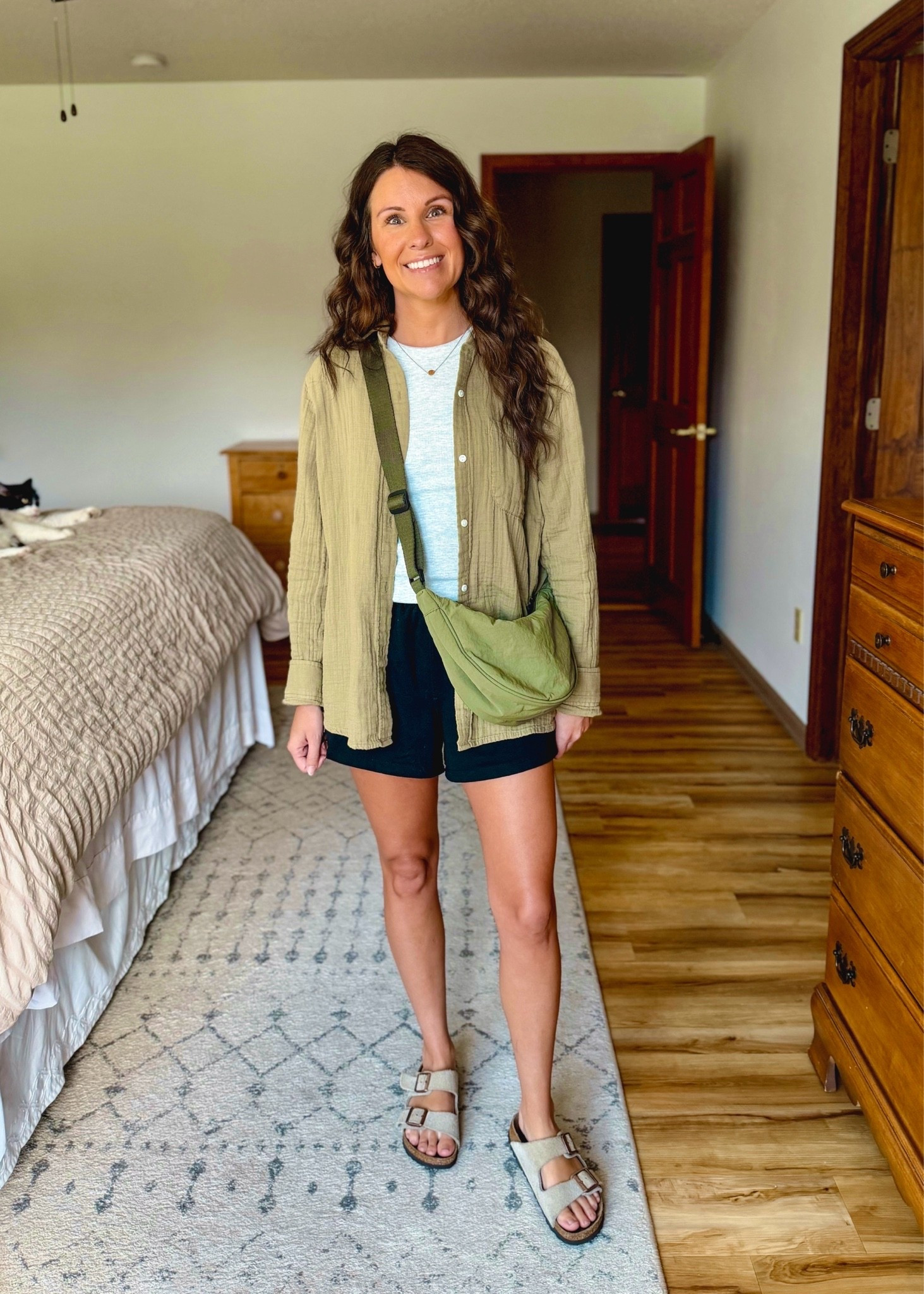 small in my tank, xs in my shorts (they come in a 2 pack), and my gauze cotton shirt doesn’t come in this color anymore. I linked two similarly colored ones and this one in different colors. My Birkenstock sandals are size 36.