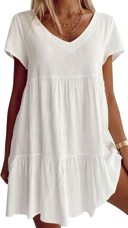 Fangetey Women's V-Neck Tunic Dresses Short Sleeve Button Down Loose Casual Summer Short Flowy Sw... | Amazon (US)