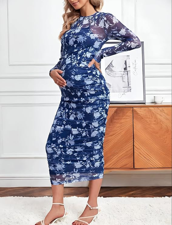 2024 Women's Maternity Floral Print Mesh Dress Ruched Side Bodycon Long Sleeve Round Neck Midi Pr... | Amazon (US)