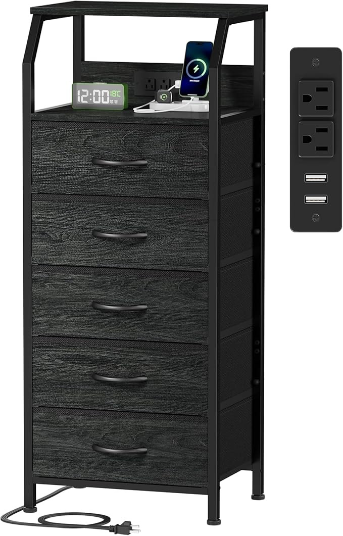 Furnulem 5 Drawers Dresser with Charging Station, Fabric Chest of Drawers with Open Shelf, Tall N... | Amazon (US)