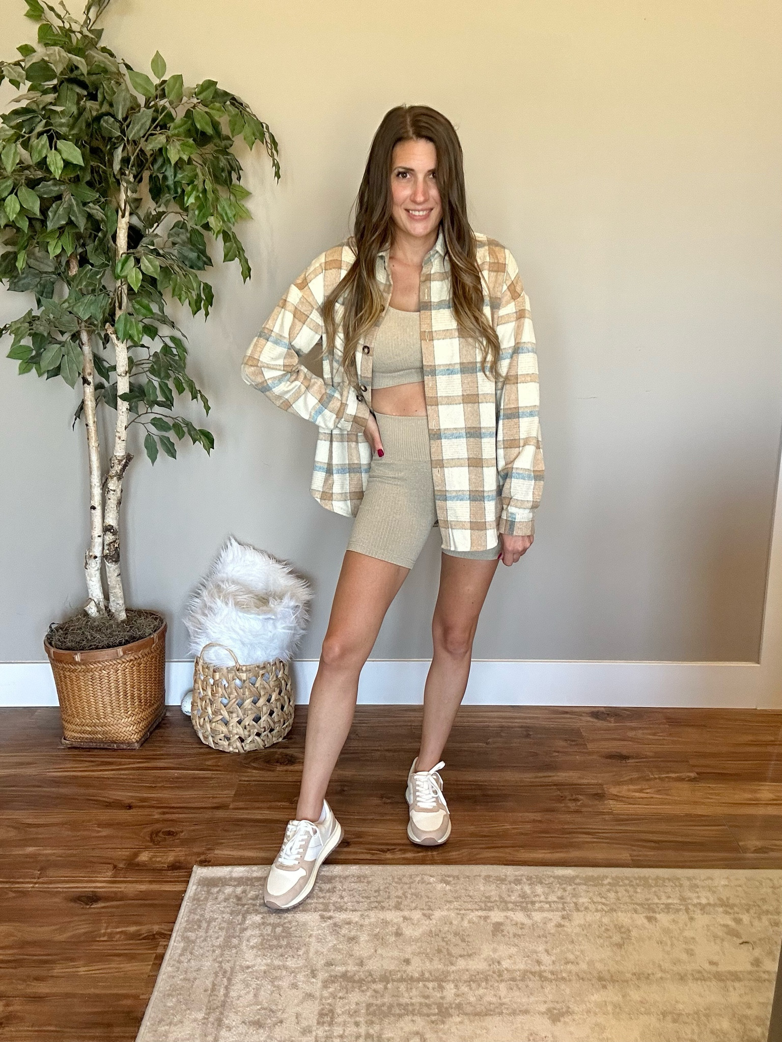 Comfy, casual, neutral. 
Two piece biker short set with cream flannel and trainers  

#LTKfindsunder50 #LTKstyletip #LTKSeasonal