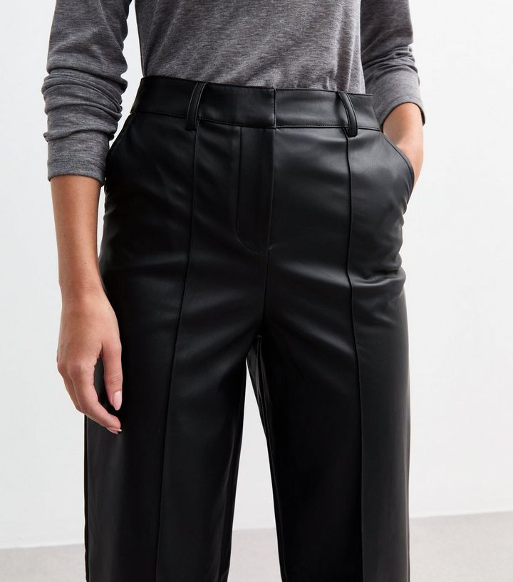 Black Leather-Look Pintuck Wide Leg Tailored Trousers | New Look | New Look (UK)