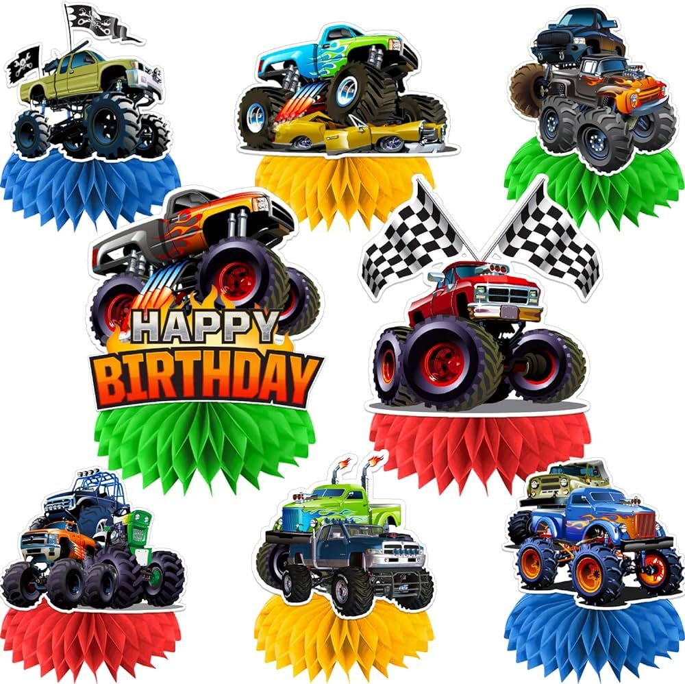 Truck Birthday Party Supplies, 8pcs Truck Decorations Honeycomb Centerpieces, 3D Double-sided Tru... | Amazon (US)