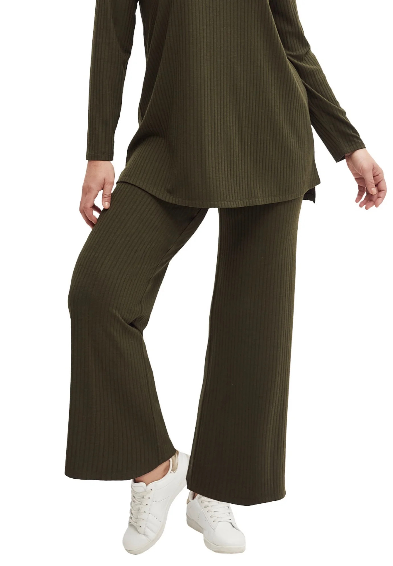 ellos Women's Plus Size Ribbed Wide Leg Knit Pants - 10/12, Deep Olive | Walmart (US)