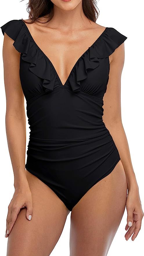 SOCIALA Ruffle One Piece Swimsuits for Women V Neck Ruched Tummy Control Bathing Suits High Cut M... | Amazon (US)