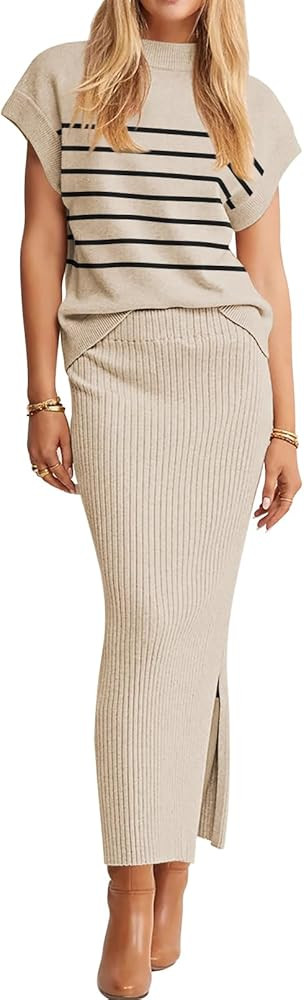Pink Queen Women's 2 Piece Sweater Outfits Set Summer Cap Sleeve Tops Bodycon Maxi Long Skirt Kni... | Amazon (US)