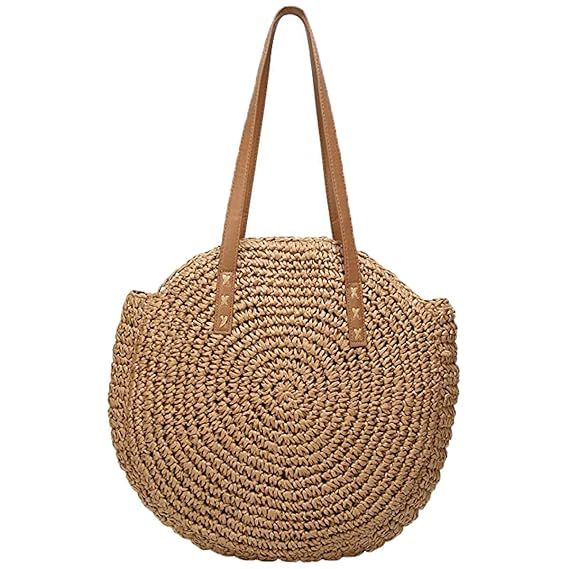 Women's Round Straw Bag Handbags Large Summer Beach Tote Woven Handle Shoulder Bag | Amazon (US)