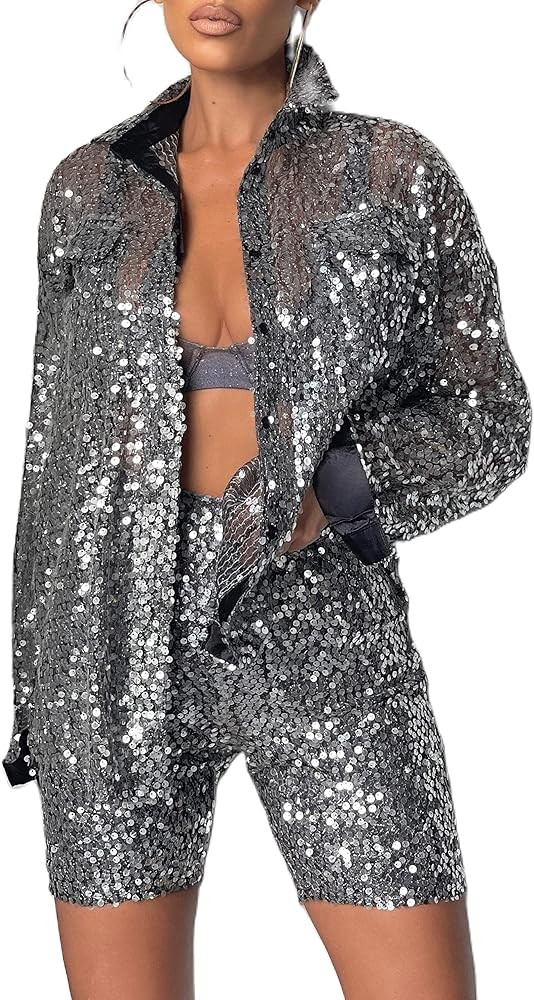 Women Sparkle Outfits Sequin Long Sleeve Blouse Shirt Top Glitter Long Loose Pants Bling Party Cl... | Amazon (US)