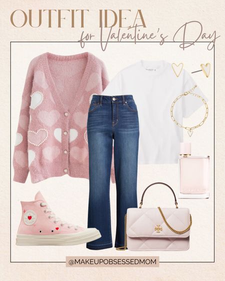 Here's a cute casual outfit you can wear this Valentine's Day! A pink heart cardigan, basic white tee, denim jeans, pinks sneakers and more! #midlifestyle #capsulewardrobe #galentinesday #vdayidea

#LTKSeasonal #LTKitbag #LTKstyletip