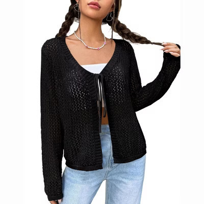 Coolmee Women's Lightweight Crochet Cardigan Tie Front Shrugs Knit Crop Tops Black S | Target