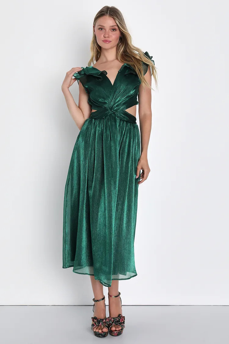 Emerald Green Cutout Ruffled Midi Dress | Emerald Green Dress | Dark Green Dress | Lulus (US)