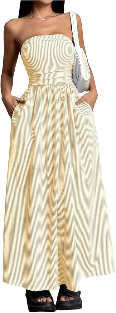 Milumia Women's Striped Strapless Maxi Dress Summer Casual Tube Top Long Dresses with Pocket | Amazon (US)