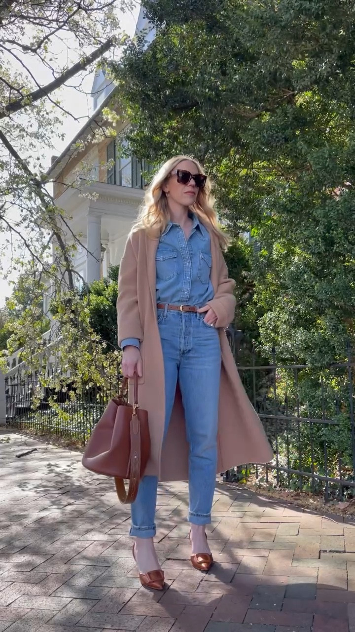 Spring outfit, sweater coat, denim on denim look, denim shirt, neutral style, spring fashion

#LTKstyletip #LTKunder50 #LTKSeasonal