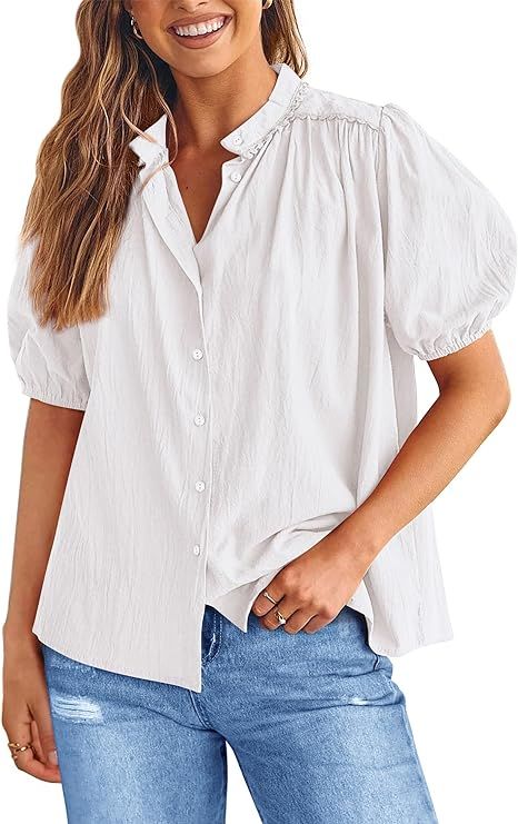 PRETTYGARDEN Women's Summer Button Down Shirts Short Lantern Sleeve V Neck Cotton Cute Dressy Cas... | Amazon (US)