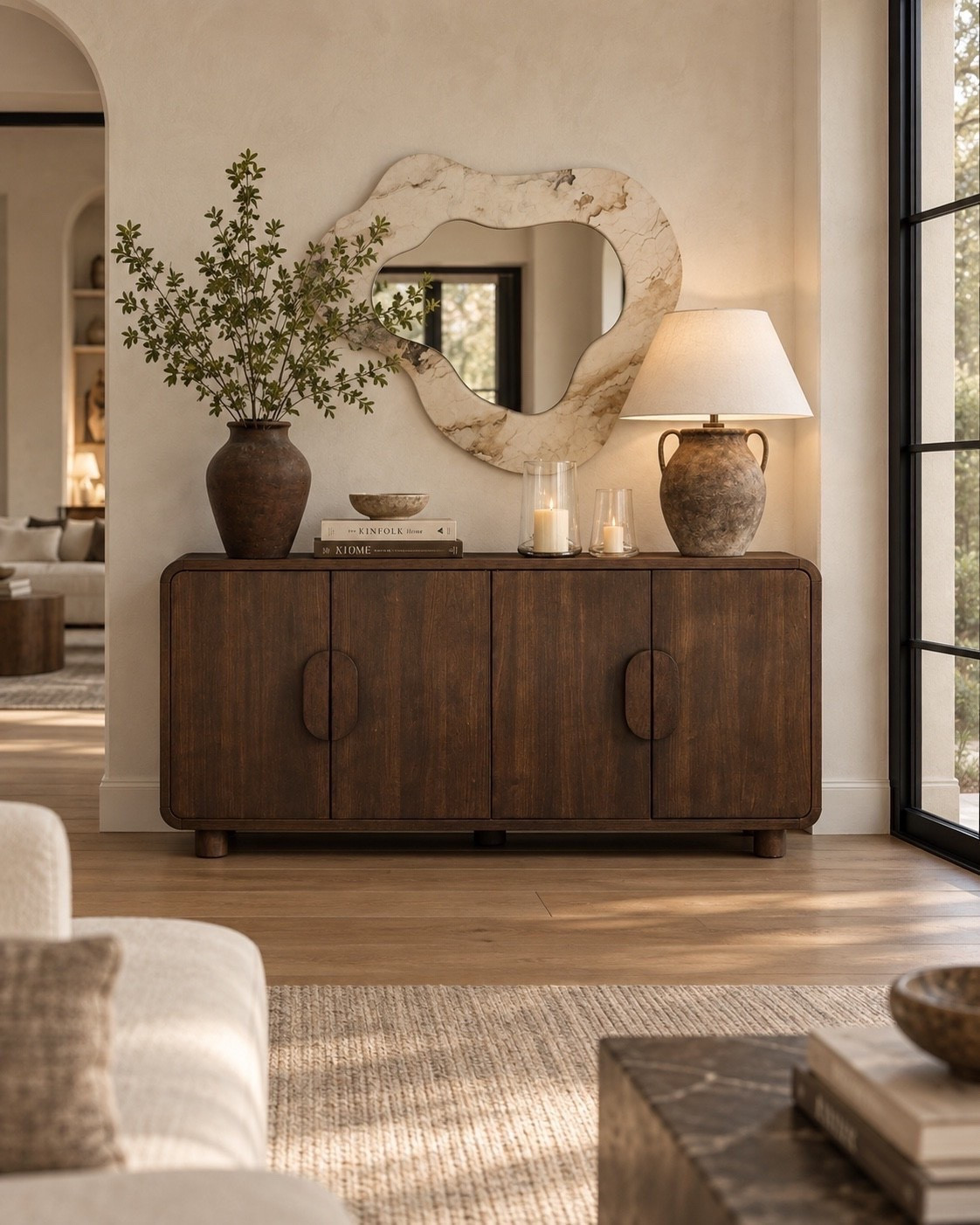 I’m obsessed with this sideboard moment! A functional spot for storage, and a beautiful design. This mirror is gorgeous and includes the organic shapes and materials that I love!

#LTKHome