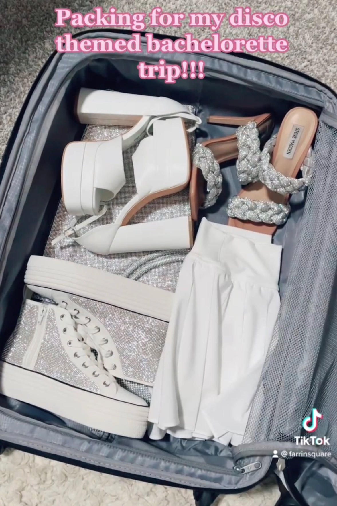 Packing for my bachelorette trip in Scottsdale! 🪩🌵🏜 #discointhedesert #scottsdalebeforetheveil #scottsdale #scottsdalebachelorette #discooutfit #discobachelorette #sequinoutfit #stevemadden #shein #platformheels #discoheels #bacheloretteveil #discoball #bride #bacheloretteoutfit #Whiteheels #sequinheels #bacheloretteparty #rhinestonepurse #nashville 