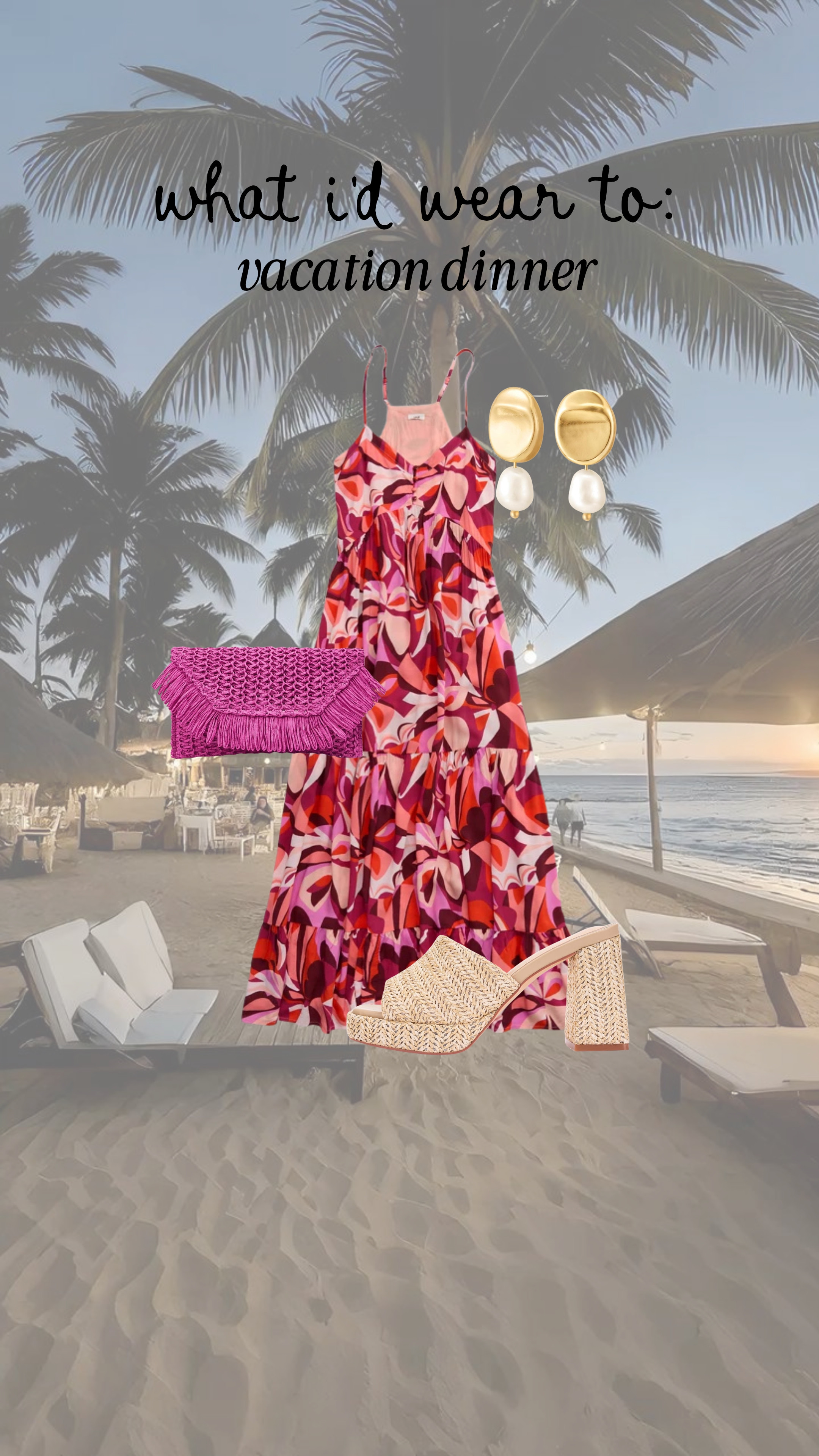 A vacation dinner calls for a gorgeous maxi dress! I absolutely love this matching clutch from amazon!

platform heels, pink bag, pearl earrings 

 #LTKdayinmylife #LTKootd #LTKMidsize