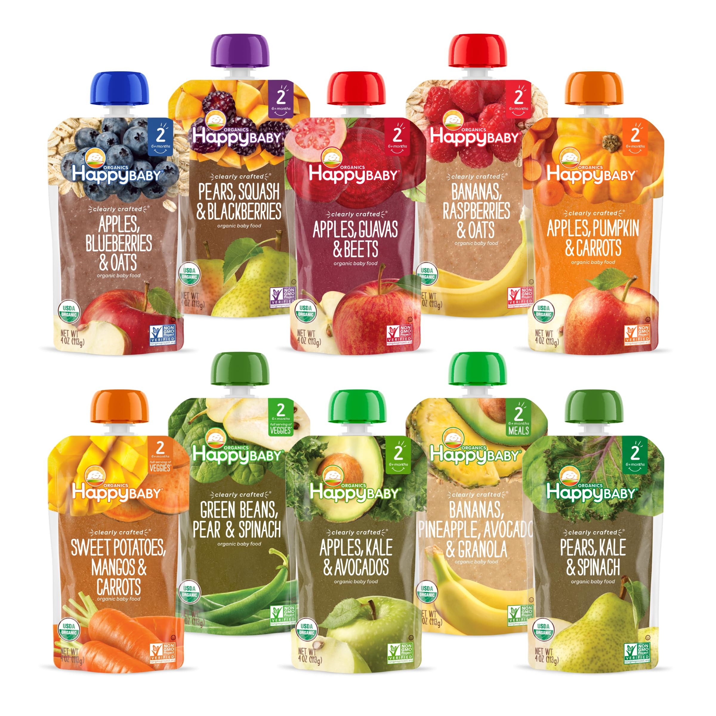 Happy Baby Organics Stage 2 Baby Food Pouches, Gluten Free, Vegan & Healthy Snack, Clearly Crafte... | Amazon (US)