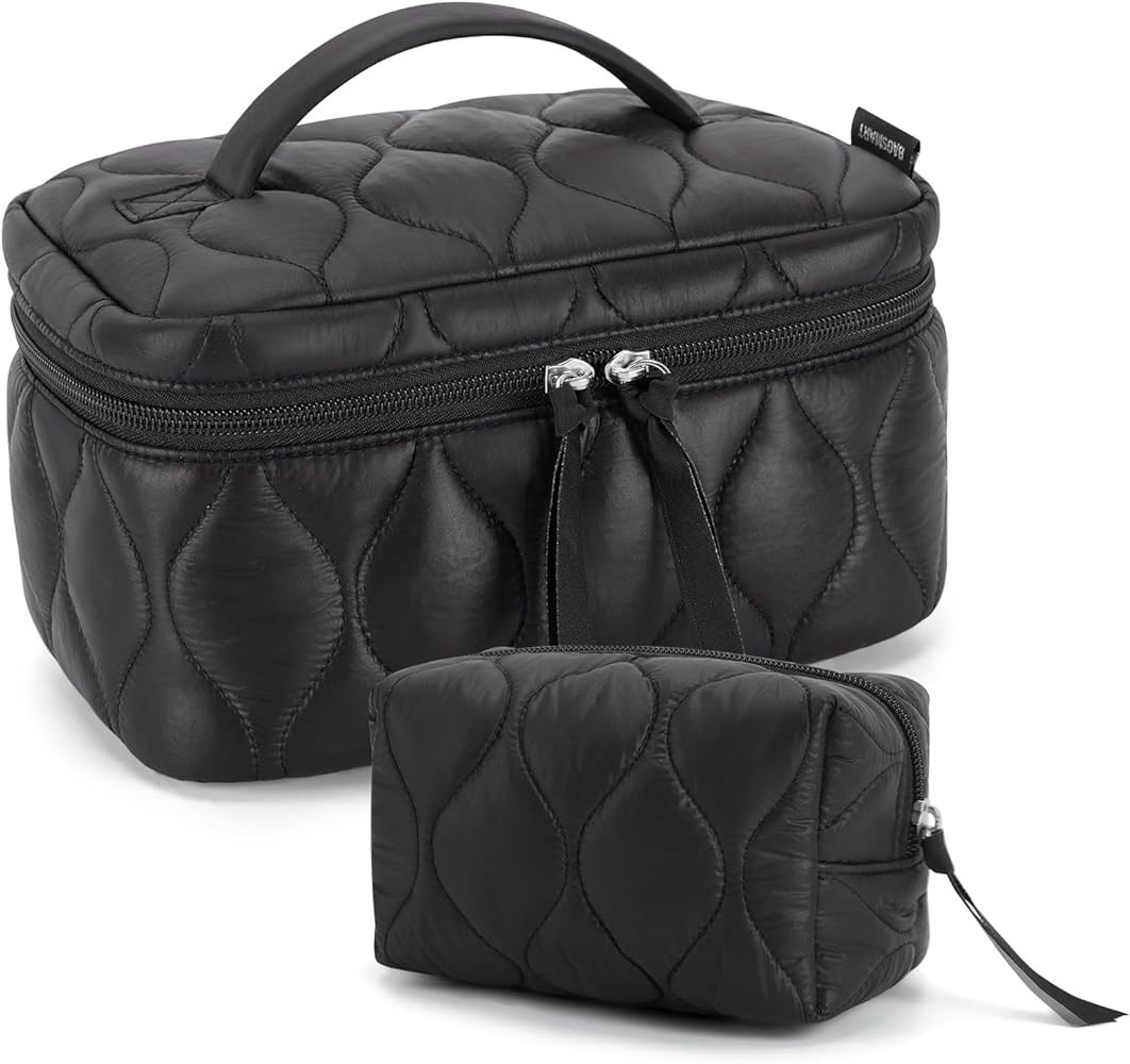 BAGSMART Travel Makeup Bag, 2-Piece Puffy Quilted Cute Make Up Bag Cosmetic Bags for Women, Large... | Amazon (US)