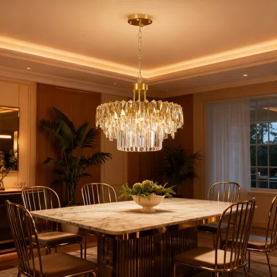 Modern Round Crystal Chandelier With K9 Crystals, 3-Tier Raindrop Design For Dining Room Living Room Bedroom Entryway Kitchen, 3 Color Temperature Opt | Wayfair North America