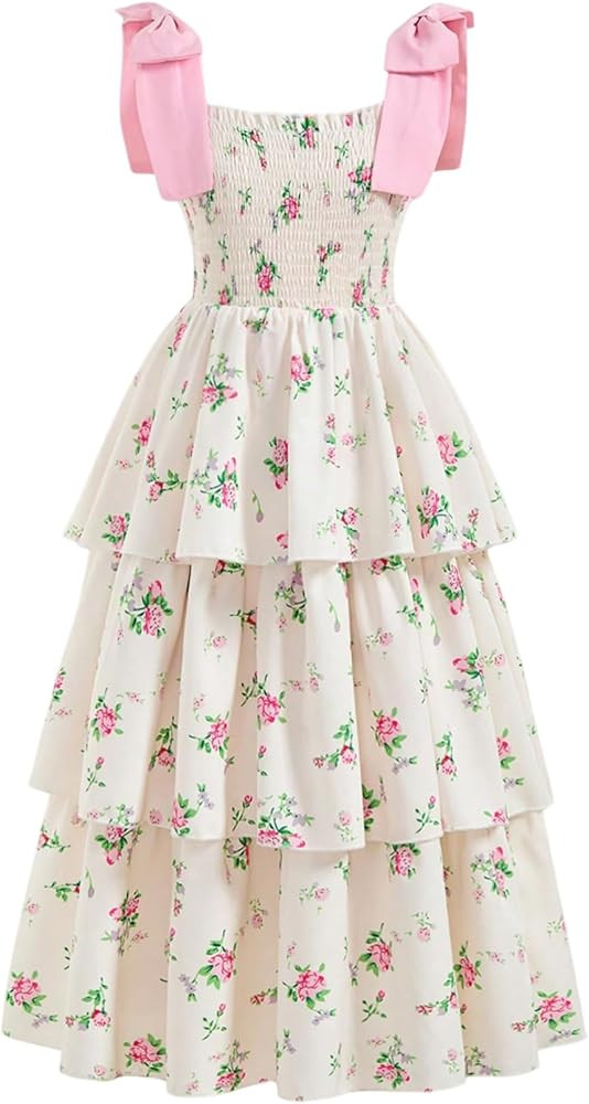 Verdusa Girl's Ditsy Floral Summer Dresses Layered Ruffle Tie Shoulder Cute Easter Sun Midi Dress | Amazon (US)
