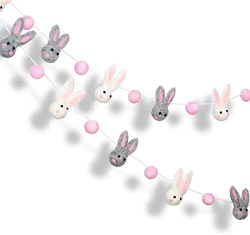 pinkblume Easter Felt Garland Wool Rabbit Pom Pom Banner,Handmade Bunny Ball Garland for Easter H... | Amazon (US)
