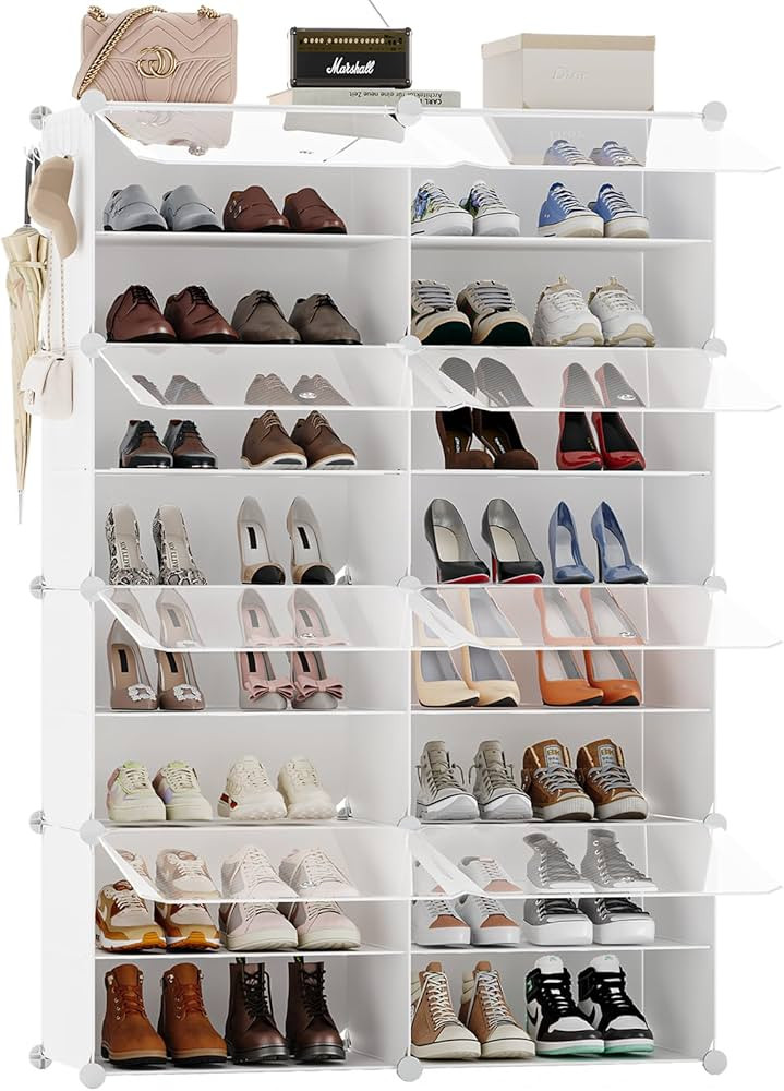 Shoe Rack Organizer, 32 Pair Shoe Storage Cabinet with Door Expandable Plastic Shoe Shelves for C... | Amazon (US)