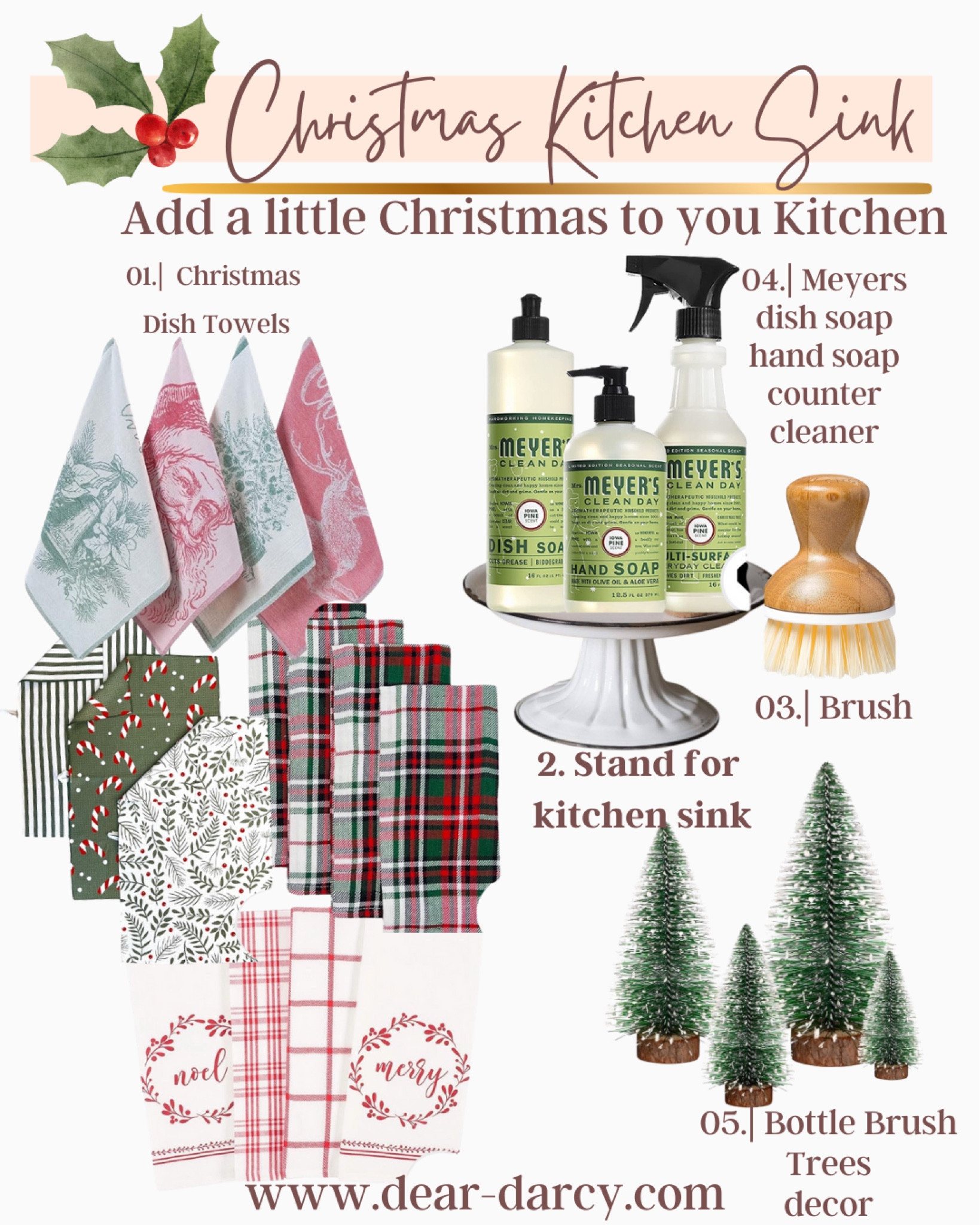 Add a little Christmas to your kitchen
Perfect pieces to go around the kitchen sink

White Metal cake stand with lip to hold your 
Pine scented Meyers  dish soap, hand soap and counter cleaner 
As well as wooden brush 

Assort darling Christmas dish towels 

Bottleneck Christmas trees for decor

#LTKHoliday #LTKHome #LTKFindsUnder50
