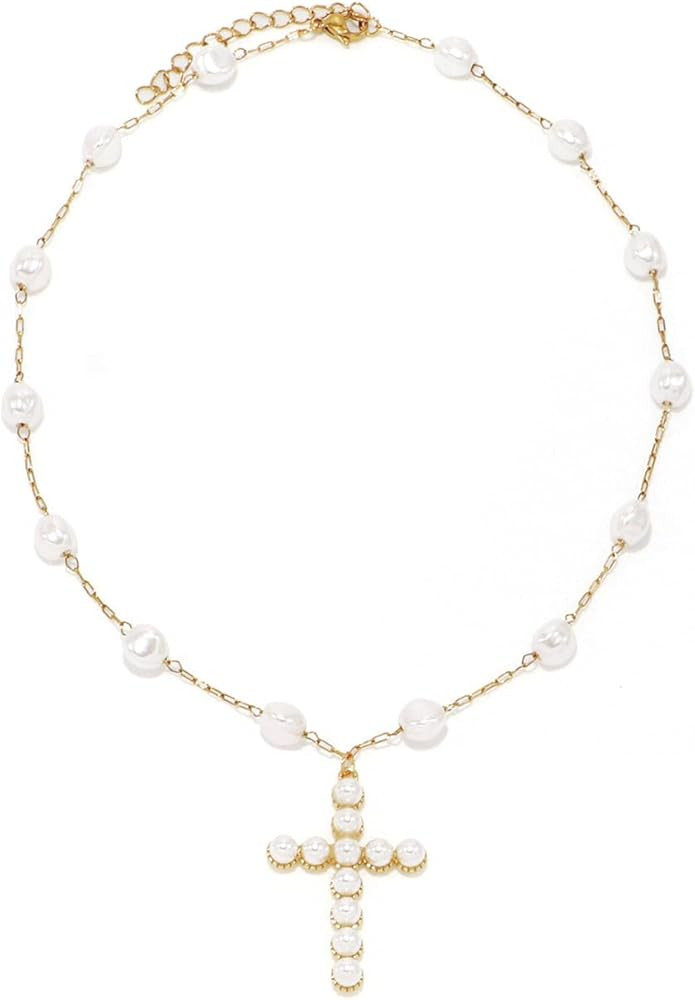 Cross Necklace Pearl Criss Cross Pendant Necklace for Women Sideways Cross Dainty CZ 14K Gold/Sil... | Amazon (US)