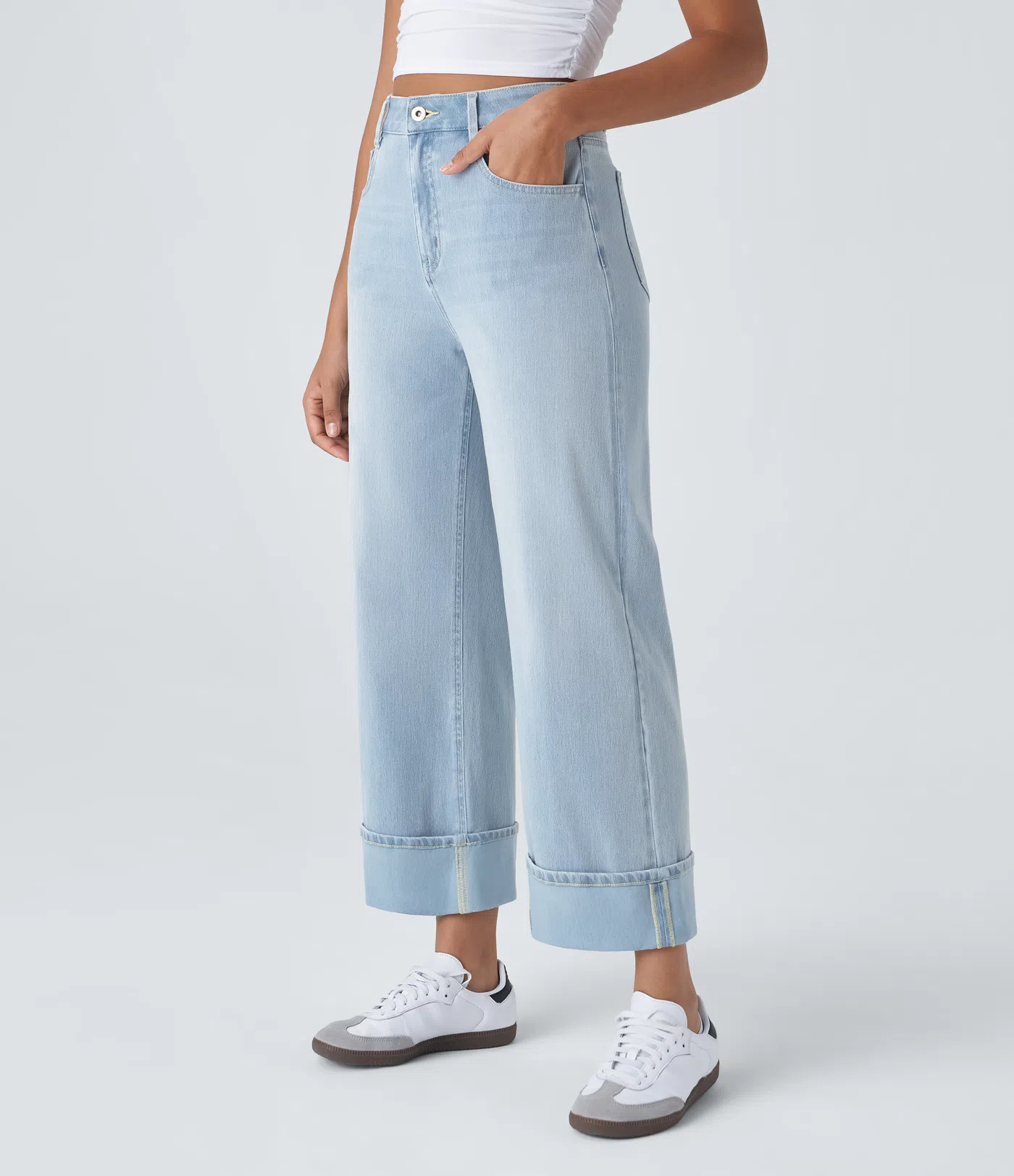 Halara Flex™ High Waisted Pockets Rolled Hem Wide Leg Washed Casual Jeans | HALARA