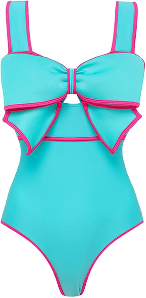 FLAXMAKER Bright Teal One Piece Swimsuit Women's Bow-tie Decor One Piece Bathing Suit | Amazon (US)