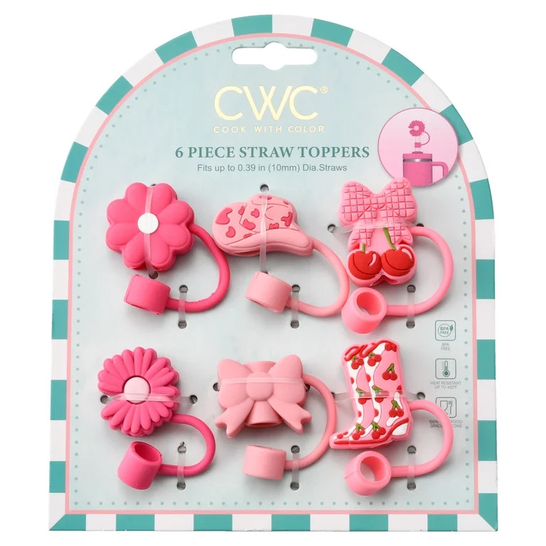 Cook With Color 6-Piece Silicone Straw Topper Set, Reusable Universal Straw Covers, Pink | Walmart (US)