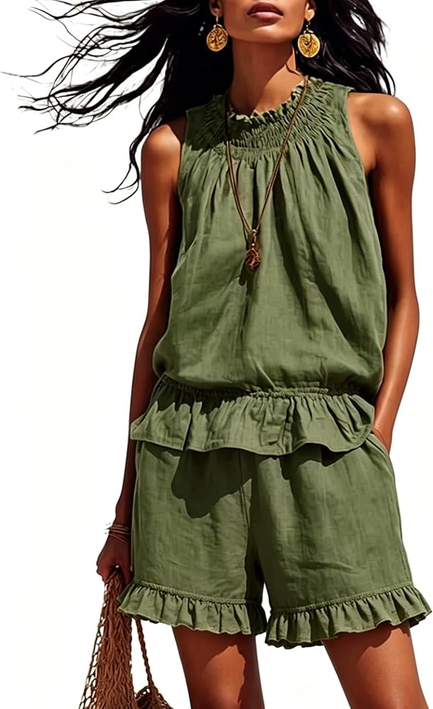 Bankeng Womens 2 Piece Sets Outfits Summer Beach Sleeveless Ruffle Soild Tank Tops and Shorts Paj... | Amazon (US)